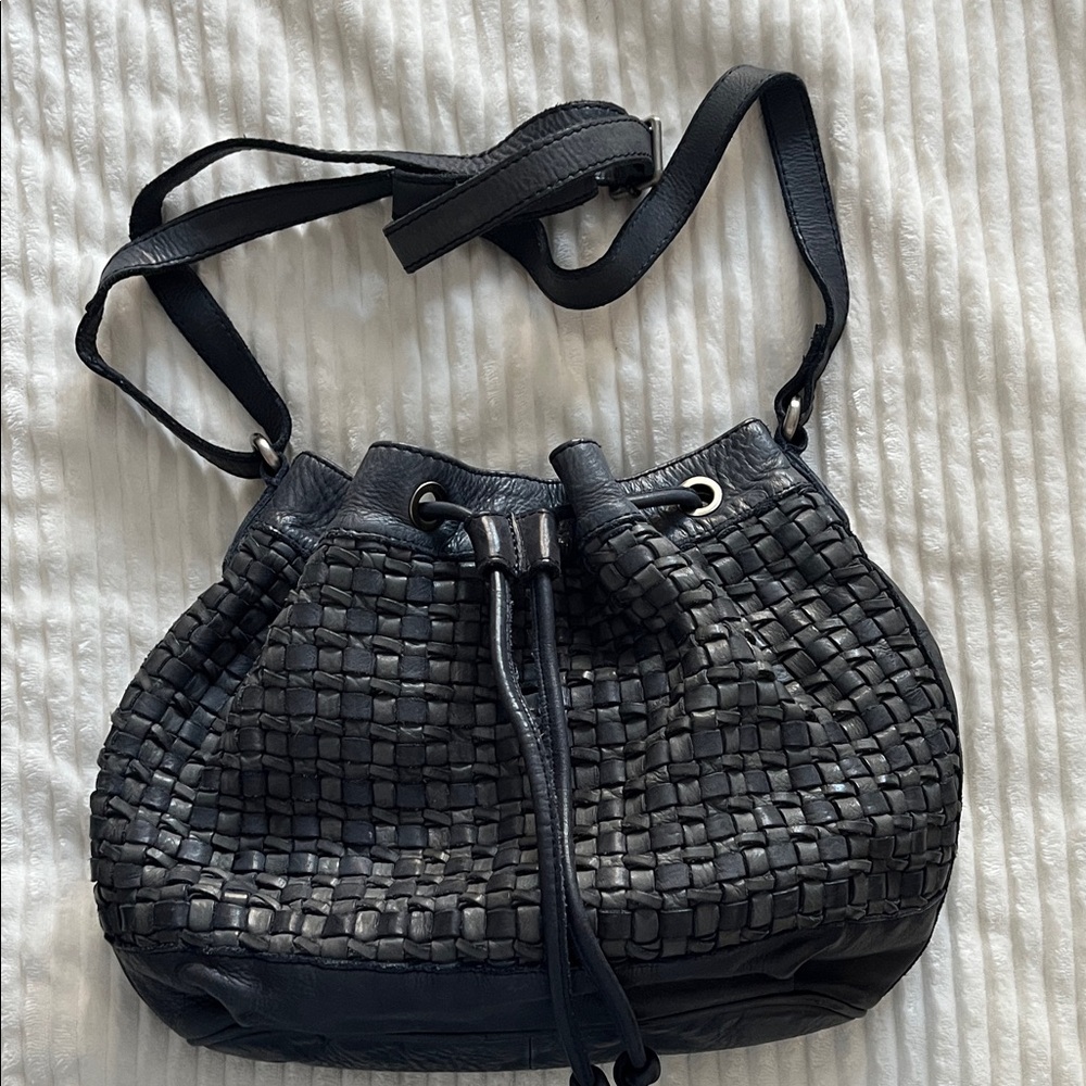 Blue Woven Leather Shoulder Bag with Adjustable Strap